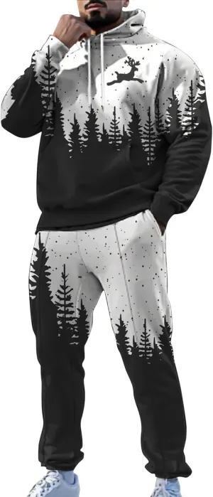 Men's Athletic Hoodie Tracksuit Funny Christmas Tracksuit 2 Piece Funny Reindeer Santa Casual Athletic Jogging Suits