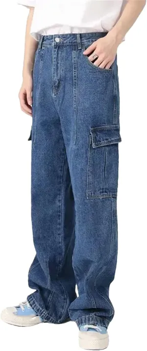 Men's Baggy Straight Leg Wide Leg Jeans Fashion Vintage Wash Casual Denim with Pockets