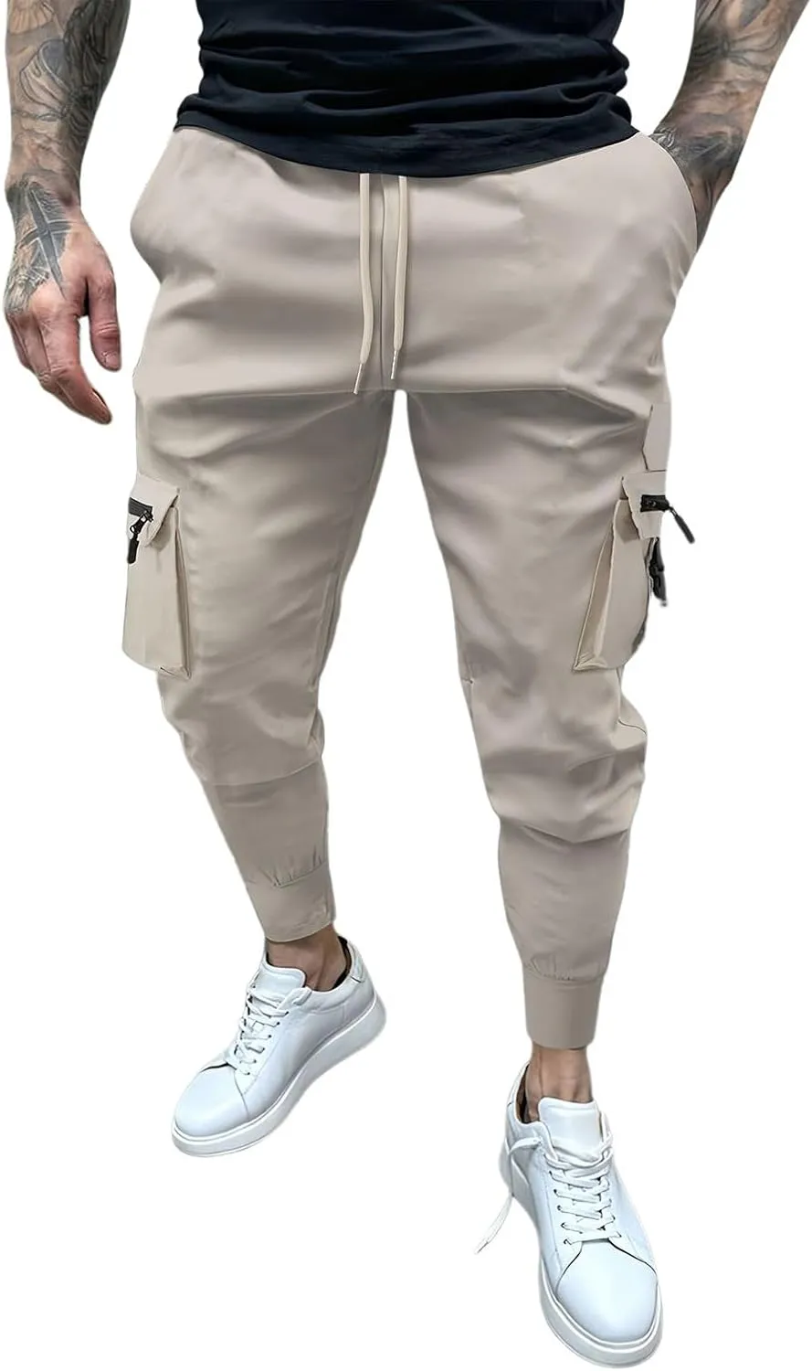 Men's Cargo Jogger Pants Stretch Sweatpants Slim Fit Tactical Pants with Zipper Pockets Casual Trousers Men's Casual Slim Fit Pants Skinny Stretch Dress Slacks #09- Khaki 3X-Large