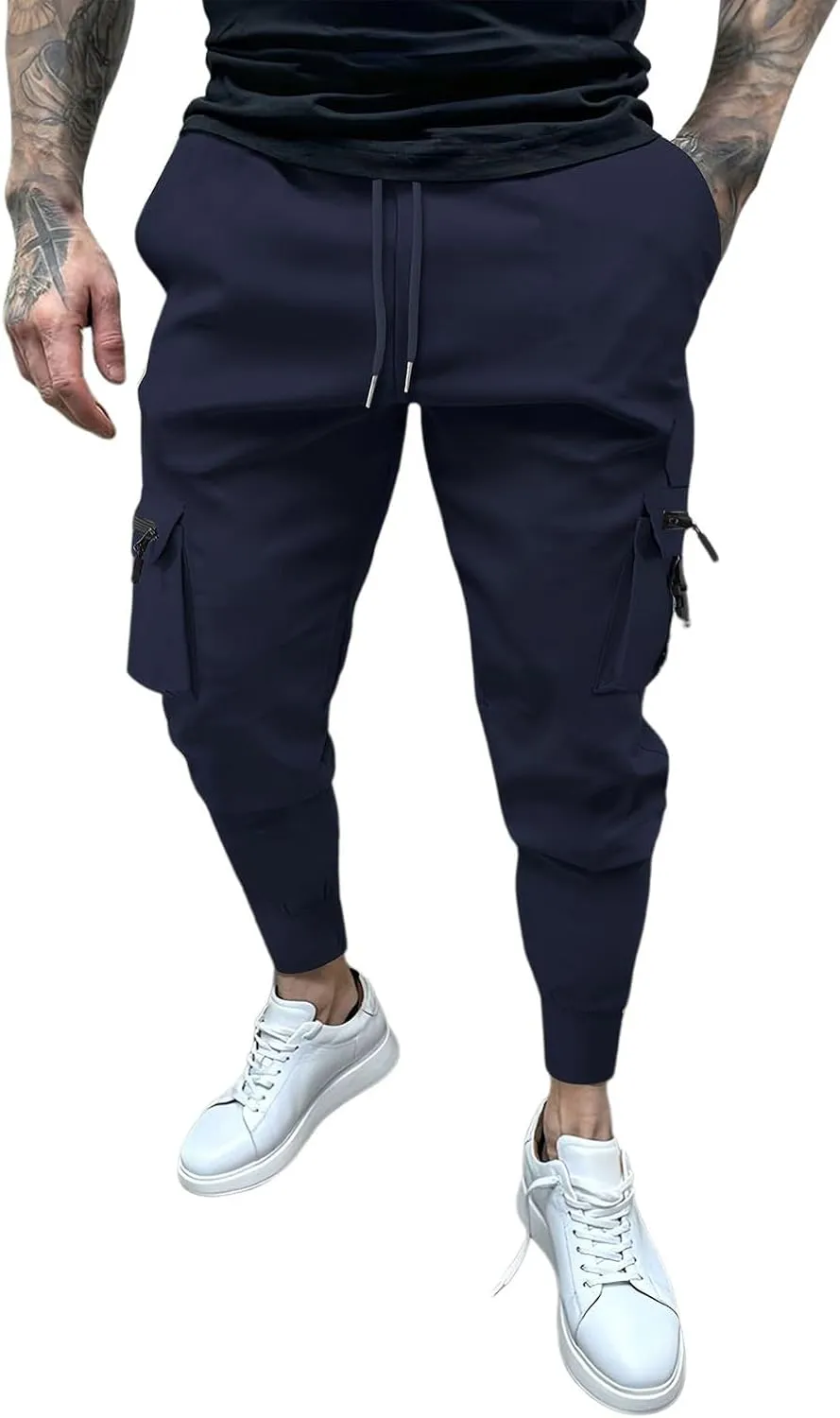 Men's Cargo Jogger Pants Stretch Sweatpants Slim Fit Tactical Pants with Zipper Pockets Casual Trousers Men's Casual Slim Fit Pants Skinny Stretch Dress Slacks #10- Navy X-Large