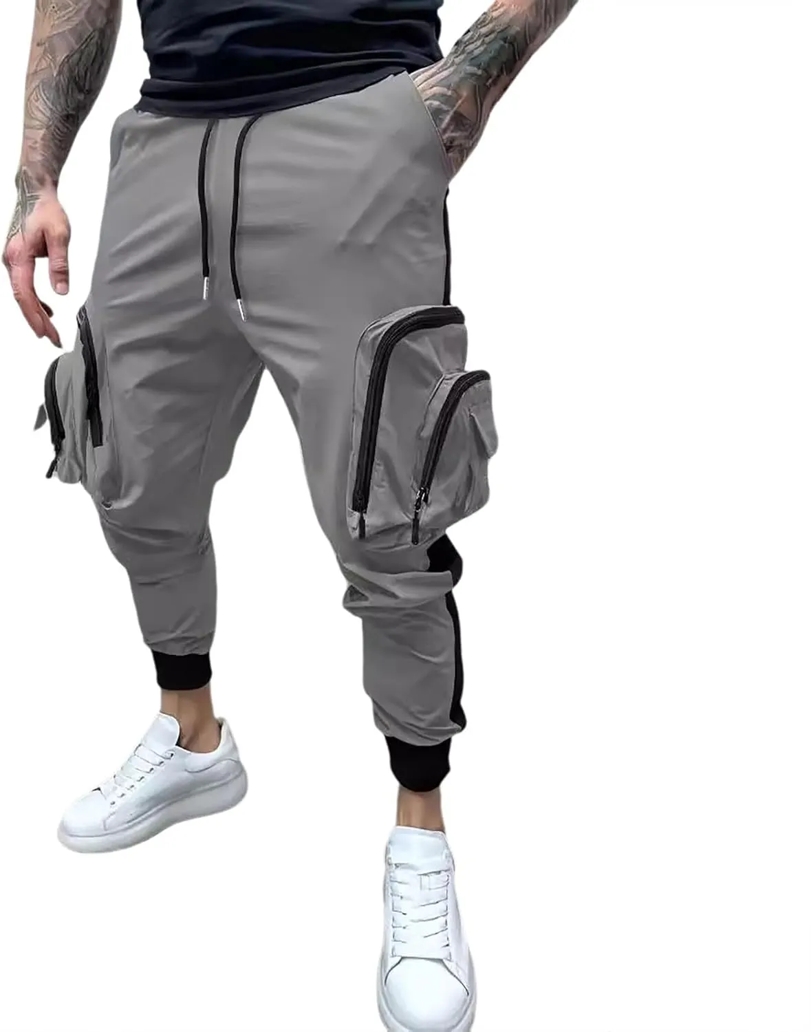 Men's Cargo Jogger Pants Stretch Sweatpants Slim Fit Tactical Pants with Zipper Pockets Casual Trousers Men's Casual Slim Fit Pants Skinny Stretch Dress Slacks #18- Grey Small