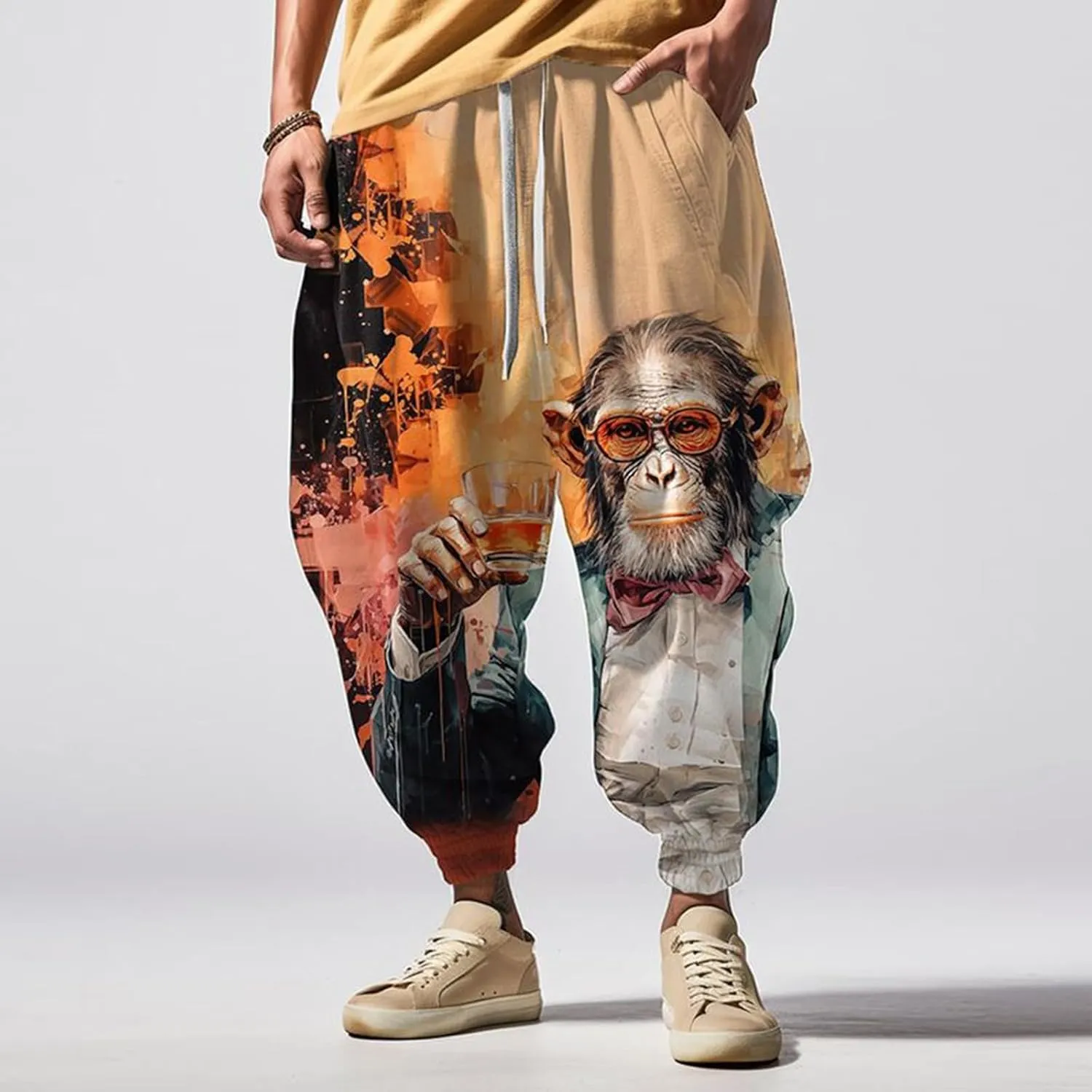 Mens Casual Harem Pants Men's Autumn Fun Print Fashion Street Feel Casual Elastic Waist Drawstring Hippie Trousers