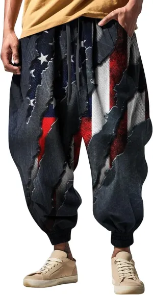 Mens Casual Harem Pants Men's Autumn Fun Print Fashion Street Feel Casual Elastic Waist Drawstring Hippie Trousers