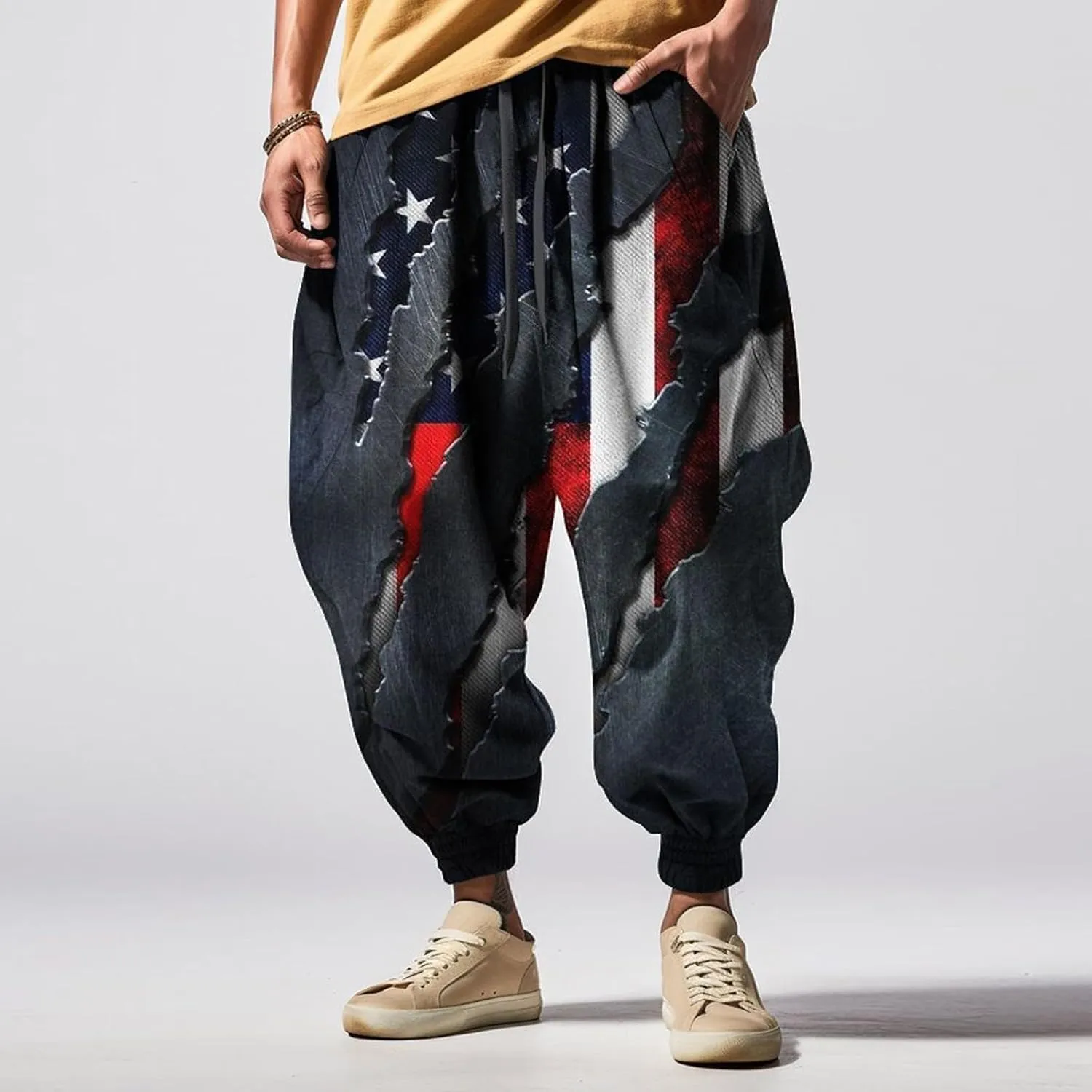 Mens Casual Harem Pants Men's Autumn Fun Print Fashion Street Feel Casual Elastic Waist Drawstring Hippie Trousers