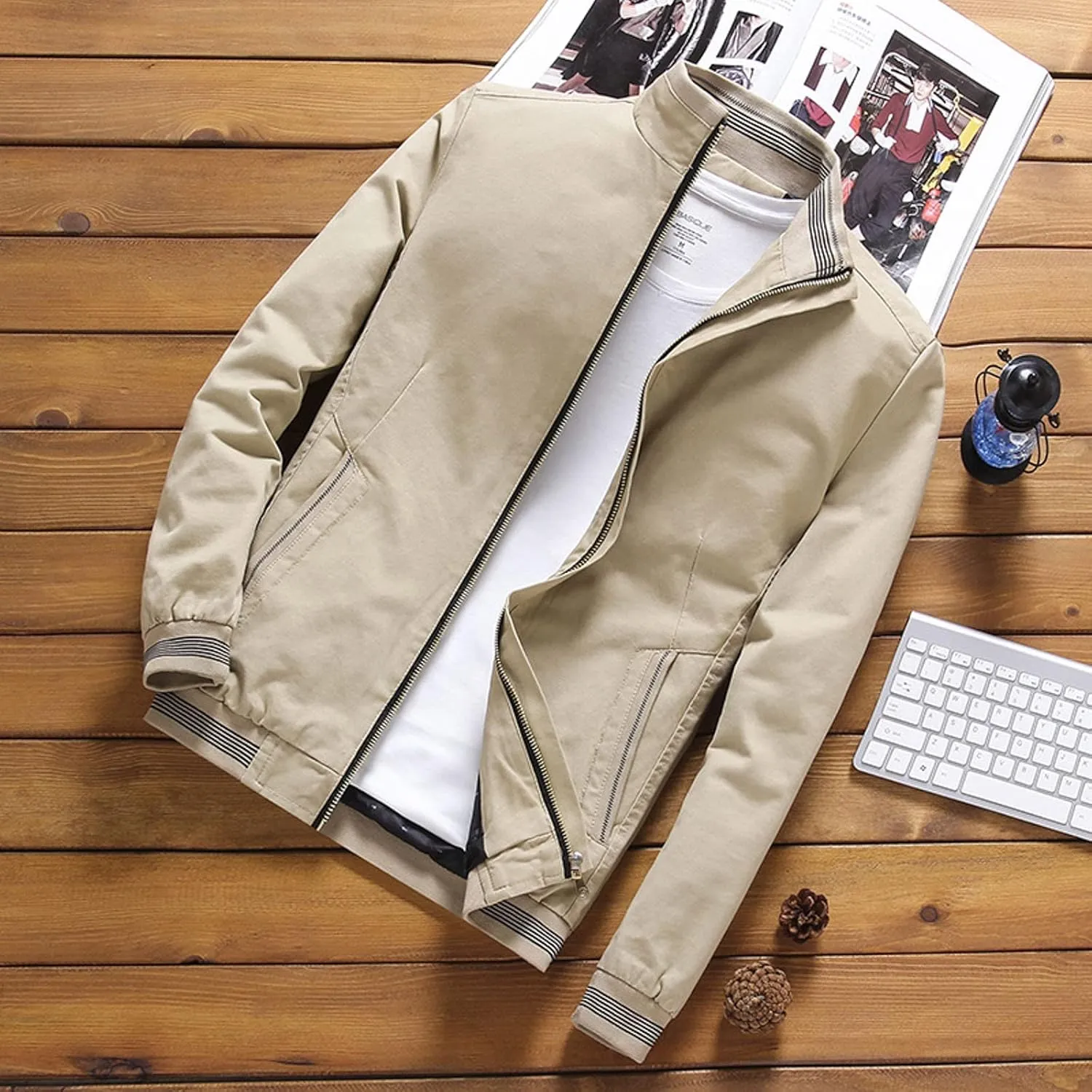 Mens Casual Jackets with Elastic Hem Banded Collar Jackets Big and Tall Bomber Jackets Windproof Jackets for Sports