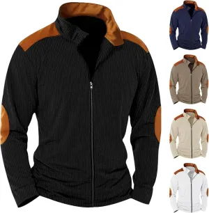 Men's Corduroy Jacket Zip Up Stand Collar Jacket Color Block Long Sleeve Sweatshirt Loose Leisure Coat with Elbow Patch