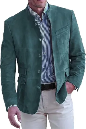 Mens Corduroy Suit Jacket Casual Slim Fit Stand Mandarin Collar Button Down Blazer Jackets Textured Sport Coats