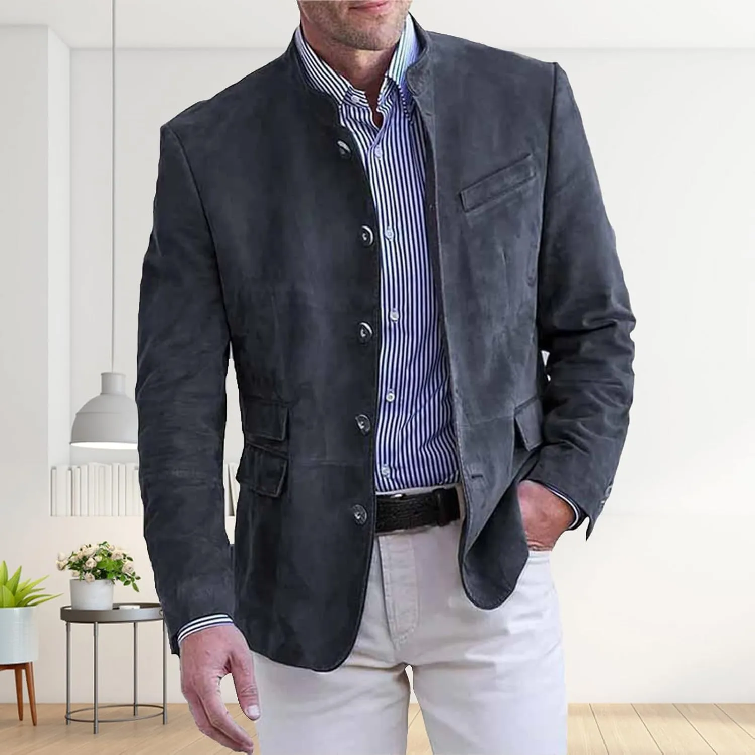 Mens Corduroy Suit Jacket Casual Slim Fit Stand Mandarin Collar Button Down Blazer Jackets Textured Sport Coats
