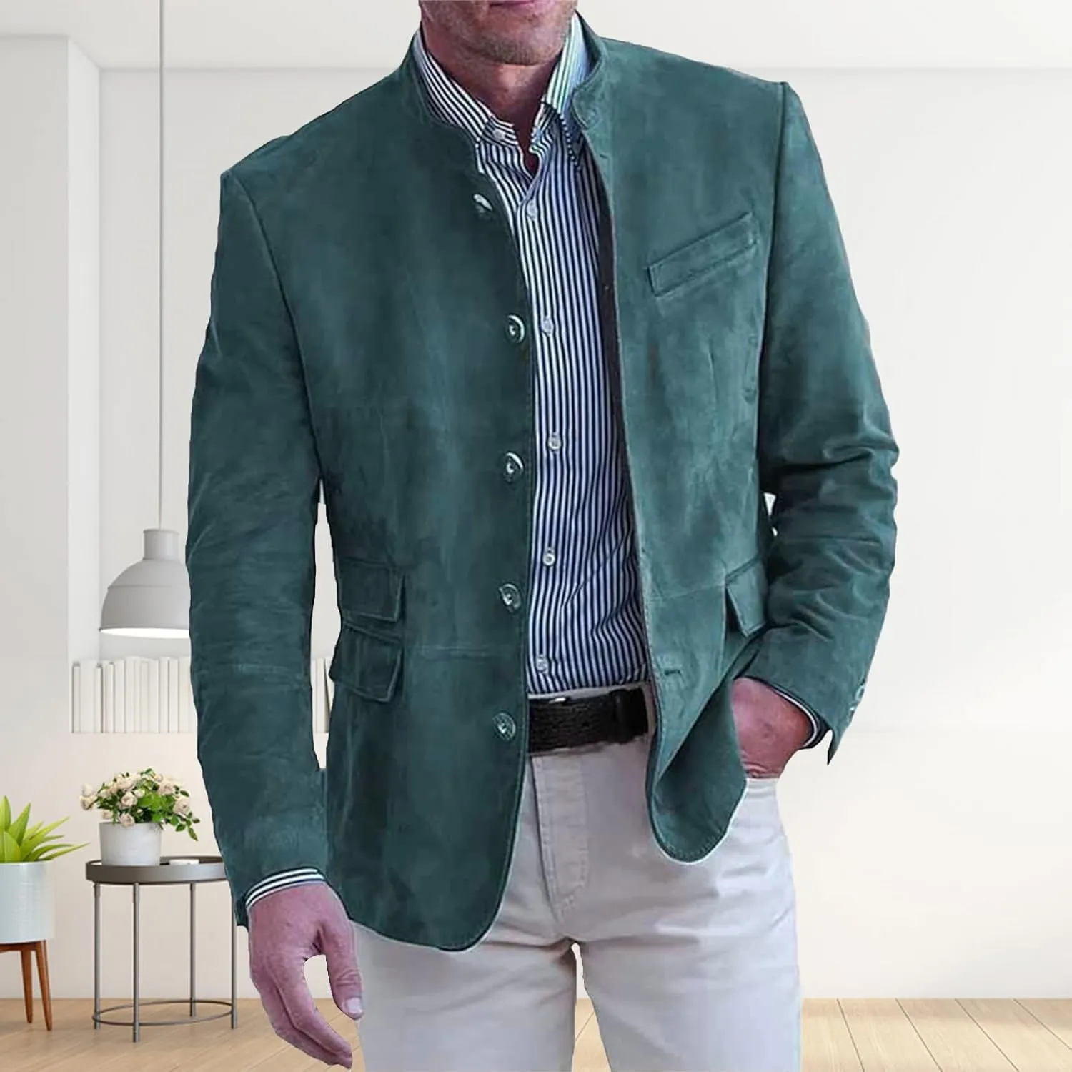 Mens Corduroy Suit Jacket Casual Slim Fit Stand Mandarin Collar Button Down Blazer Jackets Textured Sport Coats
