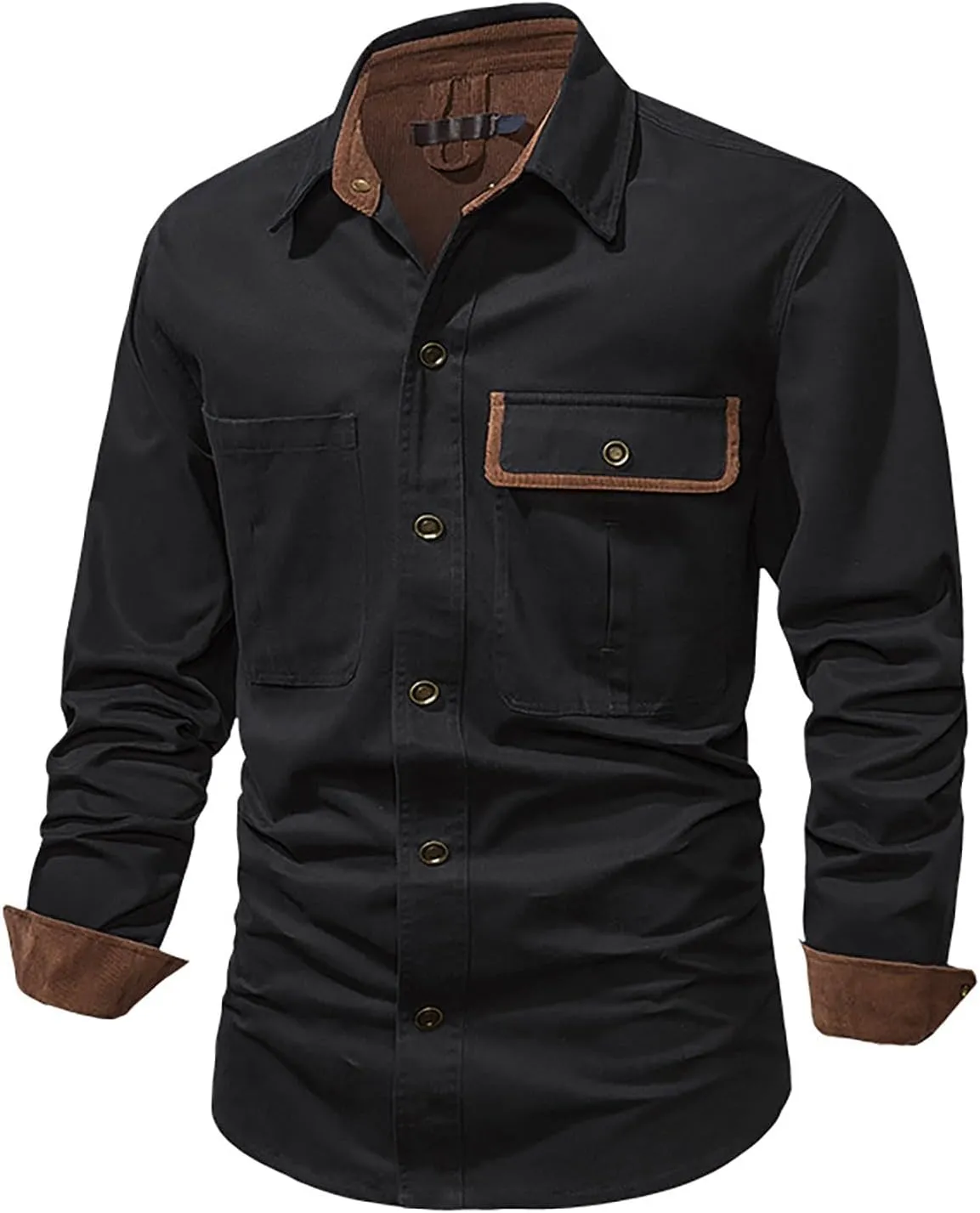 Men's Cotton Flannel Shirt Casual Button Up Plaid Shirt Brushed Soft Outdoor Shirts with Corduroy Contrast