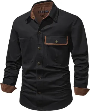 Men's Cotton Flannel Shirt Casual Button Up Plaid Shirt Brushed Soft Outdoor Shirts with Corduroy Contrast