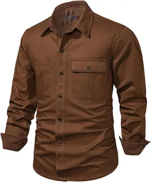 Men's Cotton Flannel Shirt Casual Button Up Plaid Shirt Brushed Soft Outdoor Shirts with Corduroy Contrast