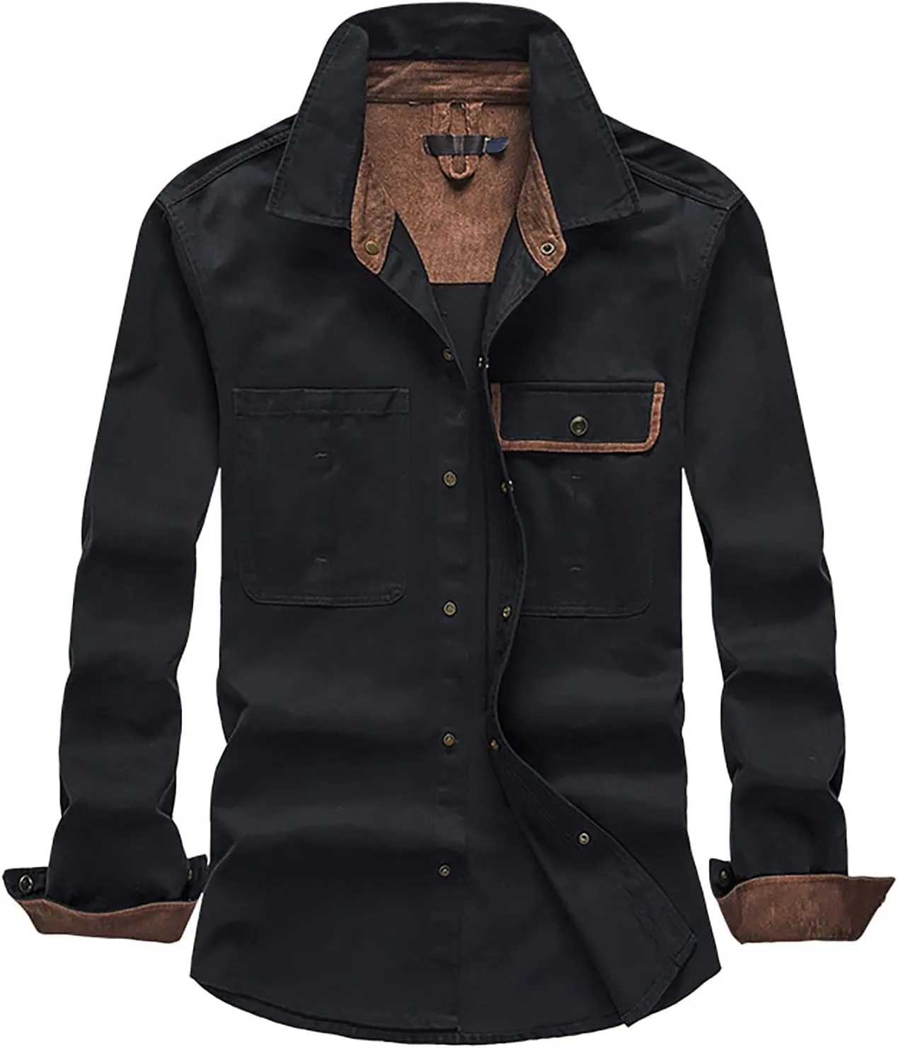 Men's Cotton Flannel Shirt Casual Button Up Plaid Shirt Brushed Soft Outdoor Shirts with Corduroy Contrast
