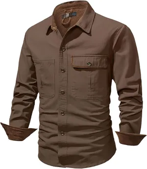 Men's Cotton Flannel Shirt Casual Button Up Plaid Shirt Brushed Soft Outdoor Shirts with Corduroy Contrast