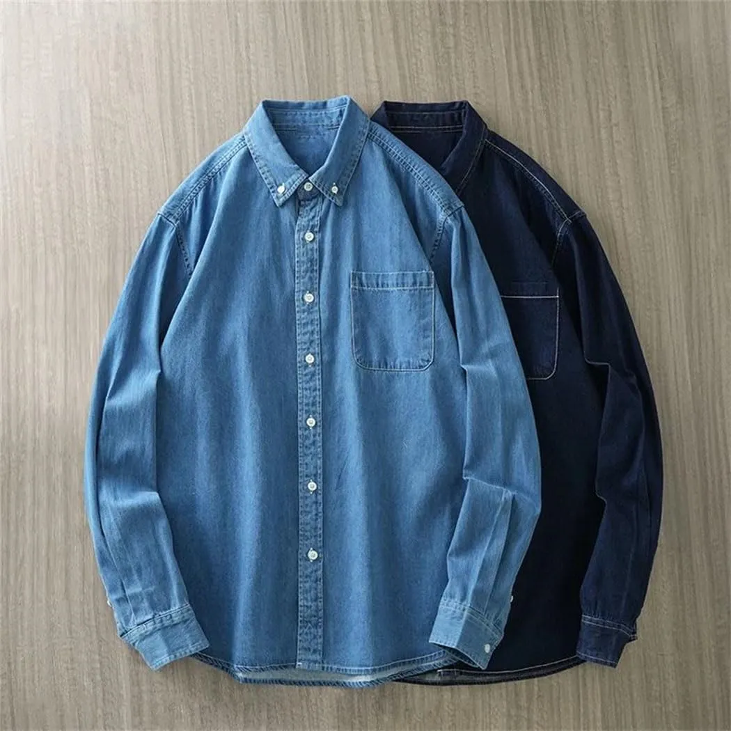 Men's Cotton Vintage Wash Denim Shirt Long Sleeve Casual Basic Tops Business Work Shirts