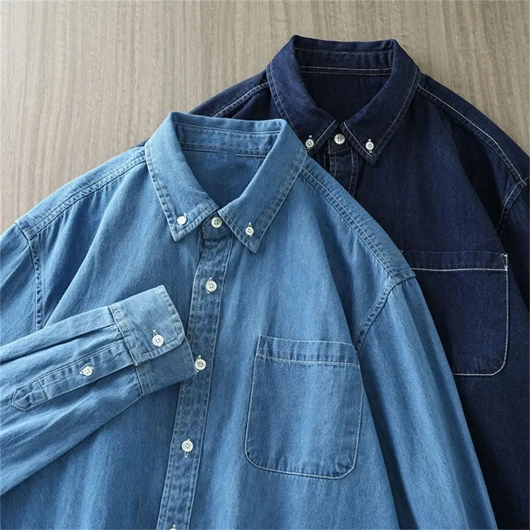 Men's Cotton Vintage Wash Denim Shirt Long Sleeve Casual Basic Tops Business Work Shirts