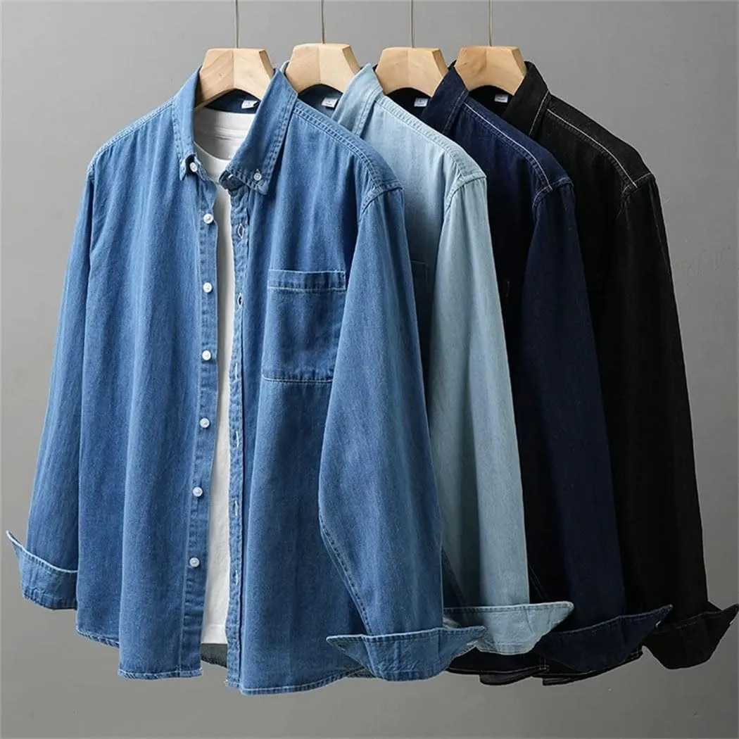 Men's Cotton Vintage Wash Denim Shirt Long Sleeve Casual Basic Tops Business Work Shirts