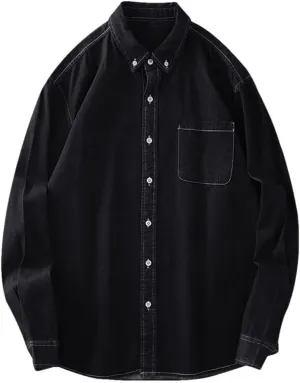Men's Cotton Vintage Wash Denim Shirt Long Sleeve Casual Basic Tops Business Work Shirts