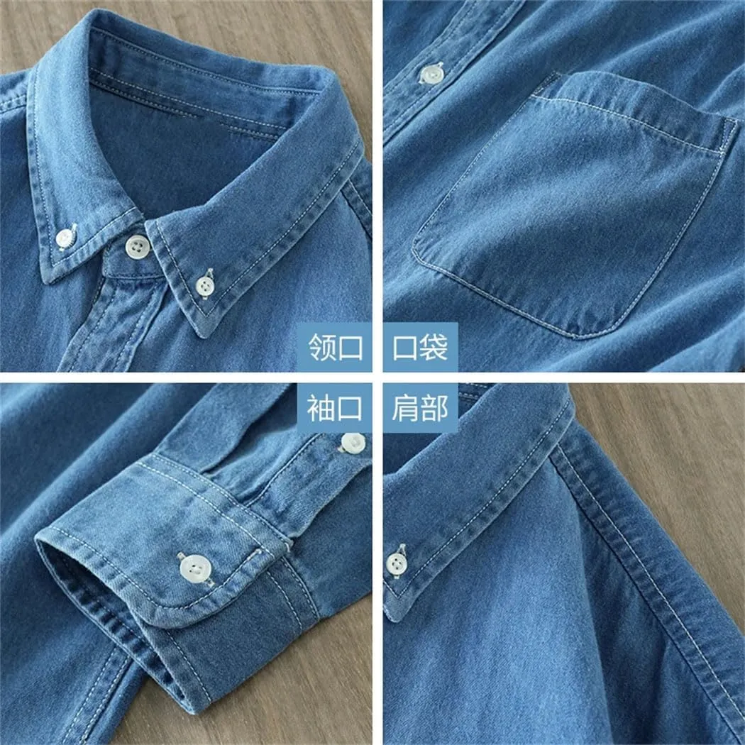Men's Cotton Vintage Wash Denim Shirt Long Sleeve Casual Basic Tops Business Work Shirts