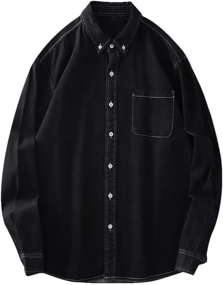 Men's Cotton Vintage Wash Denim Shirt Long Sleeve Casual Basic Tops Business Work Shirts
