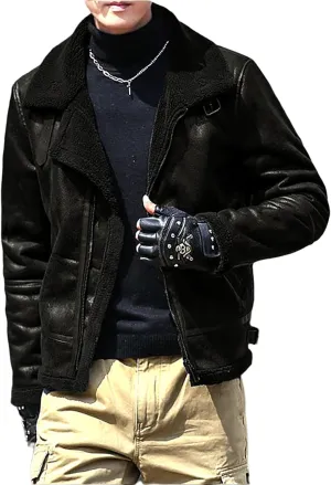 Mens Faux Leather Bomber Jacket Vintage Fur Collar Pu Leather Jacket Fleece Sherpa Lined Coat Warm Trucker Jacket