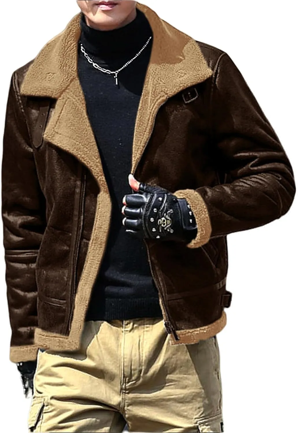 Mens Faux Leather Bomber Jacket Vintage Fur Collar Pu Leather Jacket Fleece Sherpa Lined Coat Warm Trucker Jacket