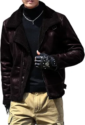 Mens Faux Leather Bomber Jacket Vintage Fur Collar Pu Leather Jacket Fleece Sherpa Lined Coat Warm Trucker Jacket
