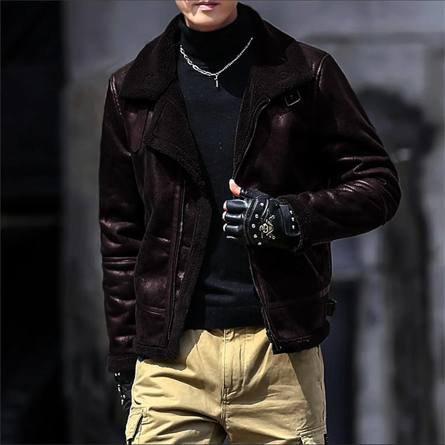 Mens Faux Leather Bomber Jacket Vintage Fur Collar Pu Leather Jacket Fleece Sherpa Lined Coat Warm Trucker Jacket