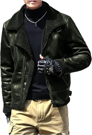 Mens Faux Leather Bomber Jacket Vintage Fur Collar Pu Leather Jacket Fleece Sherpa Lined Coat Warm Trucker Jacket