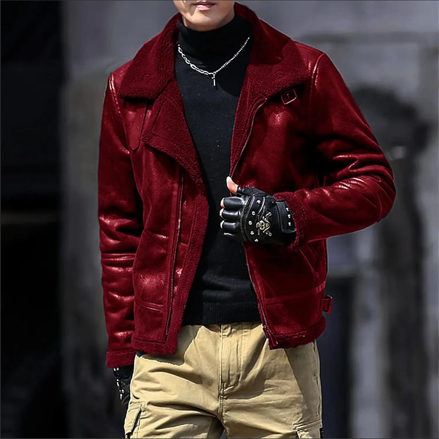 Mens Faux Leather Bomber Jacket Vintage Fur Collar Pu Leather Jacket Fleece Sherpa Lined Coat Warm Trucker Jacket