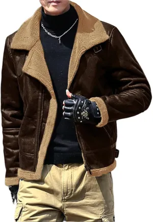 Mens Faux Leather Bomber Jacket Vintage Fur Collar Pu Leather Jacket Fleece Sherpa Lined Coat Warm Trucker Jacket