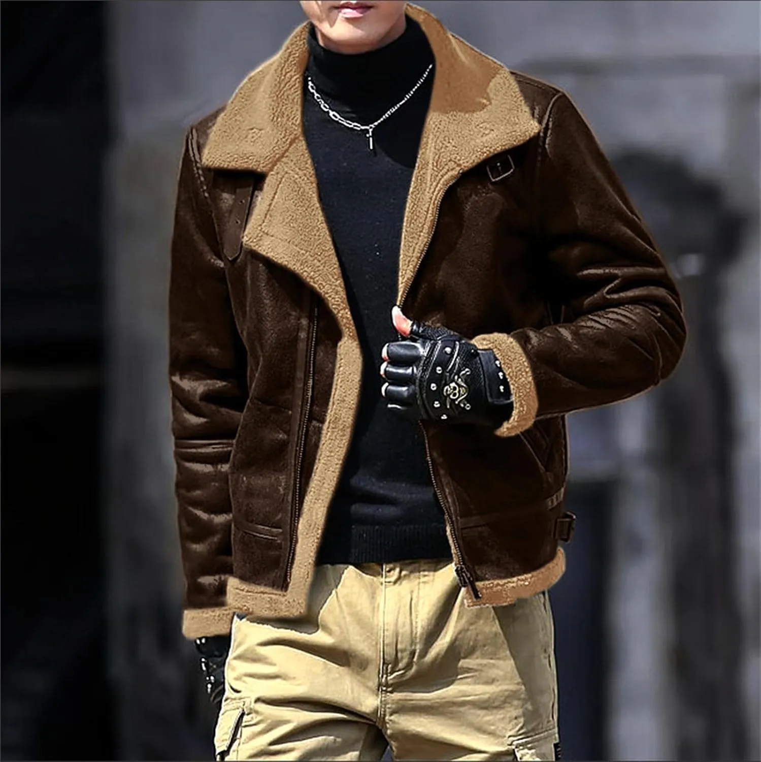 Mens Faux Leather Bomber Jacket Vintage Fur Collar Pu Leather Jacket Fleece Sherpa Lined Coat Warm Trucker Jacket