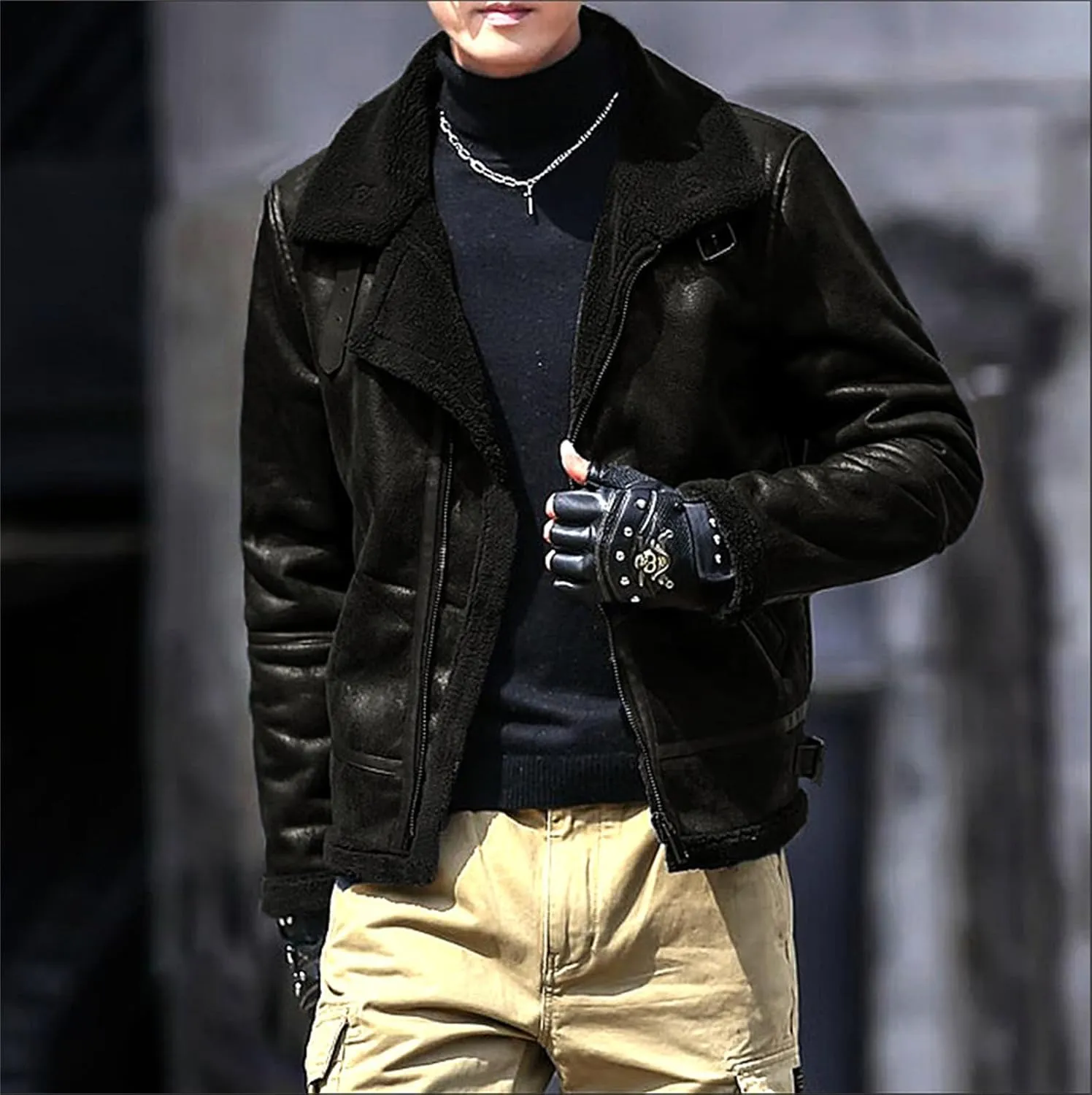Mens Faux Leather Bomber Jacket Vintage Fur Collar Pu Leather Jacket Fleece Sherpa Lined Coat Warm Trucker Jacket