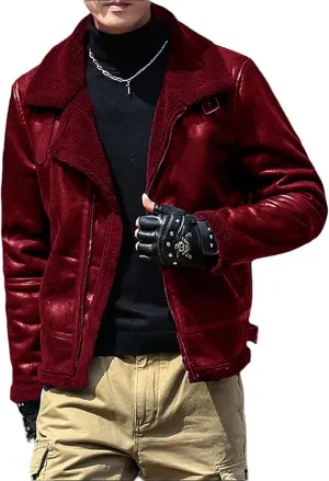 Mens Faux Leather Bomber Jacket Vintage Fur Collar Pu Leather Jacket Fleece Sherpa Lined Coat Warm Trucker Jacket