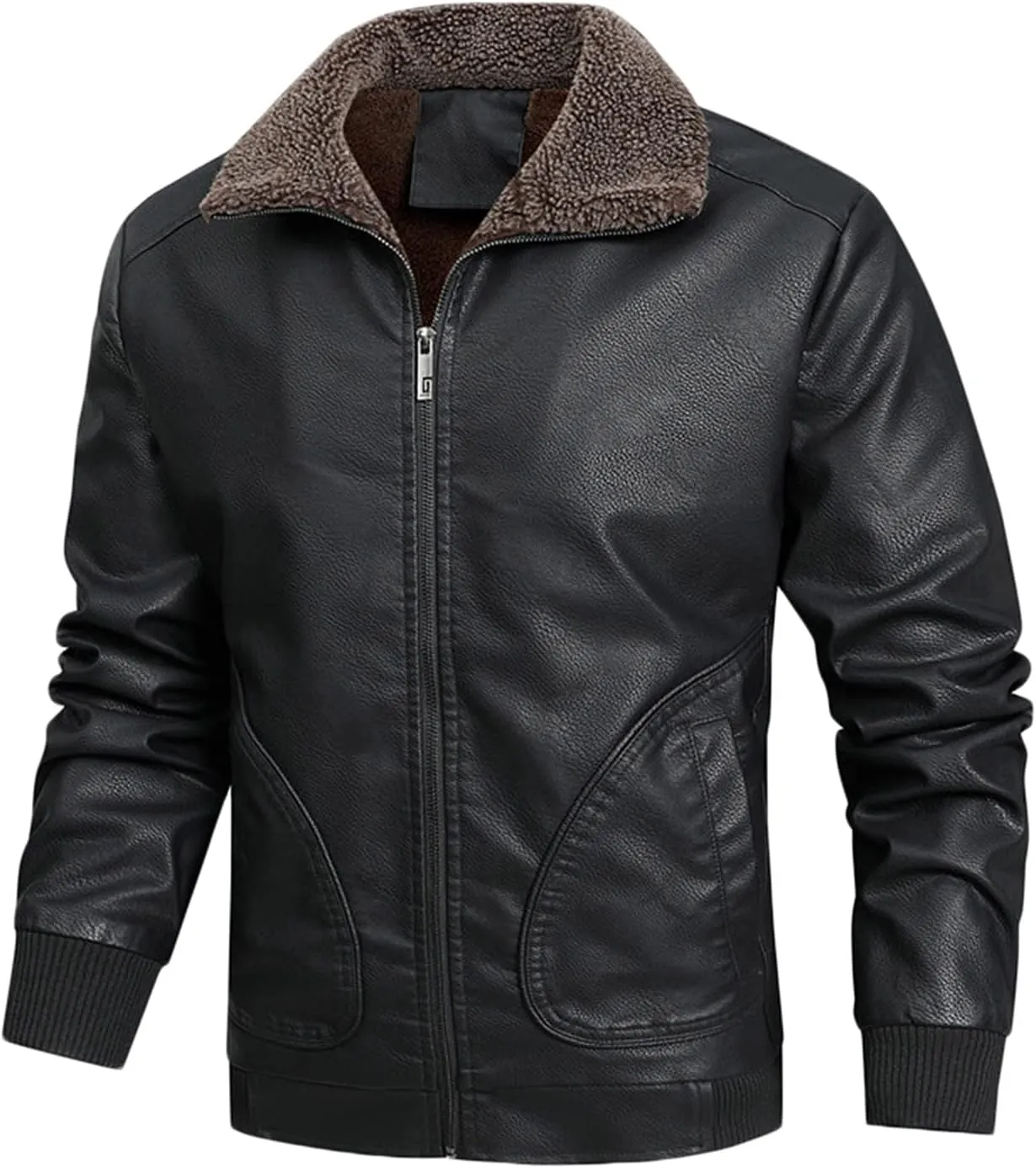 Mens Faux Leather Jacket, Mens Fall/Winter Thickening Coat Long Sleeve Zip Up Outwear Sports Lightweight Parka Jacket