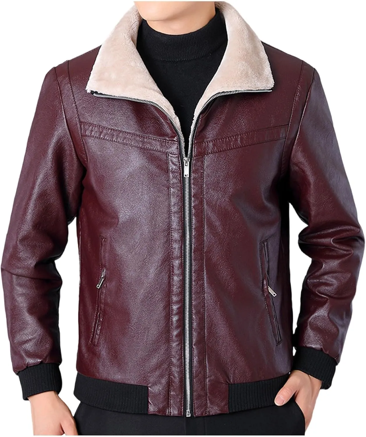Mens Faux Leather Jackets Sherpa Lined Bomber Jacket Full Zip Winter Coats Windproof Aviator Jacket Vintage Outerwear