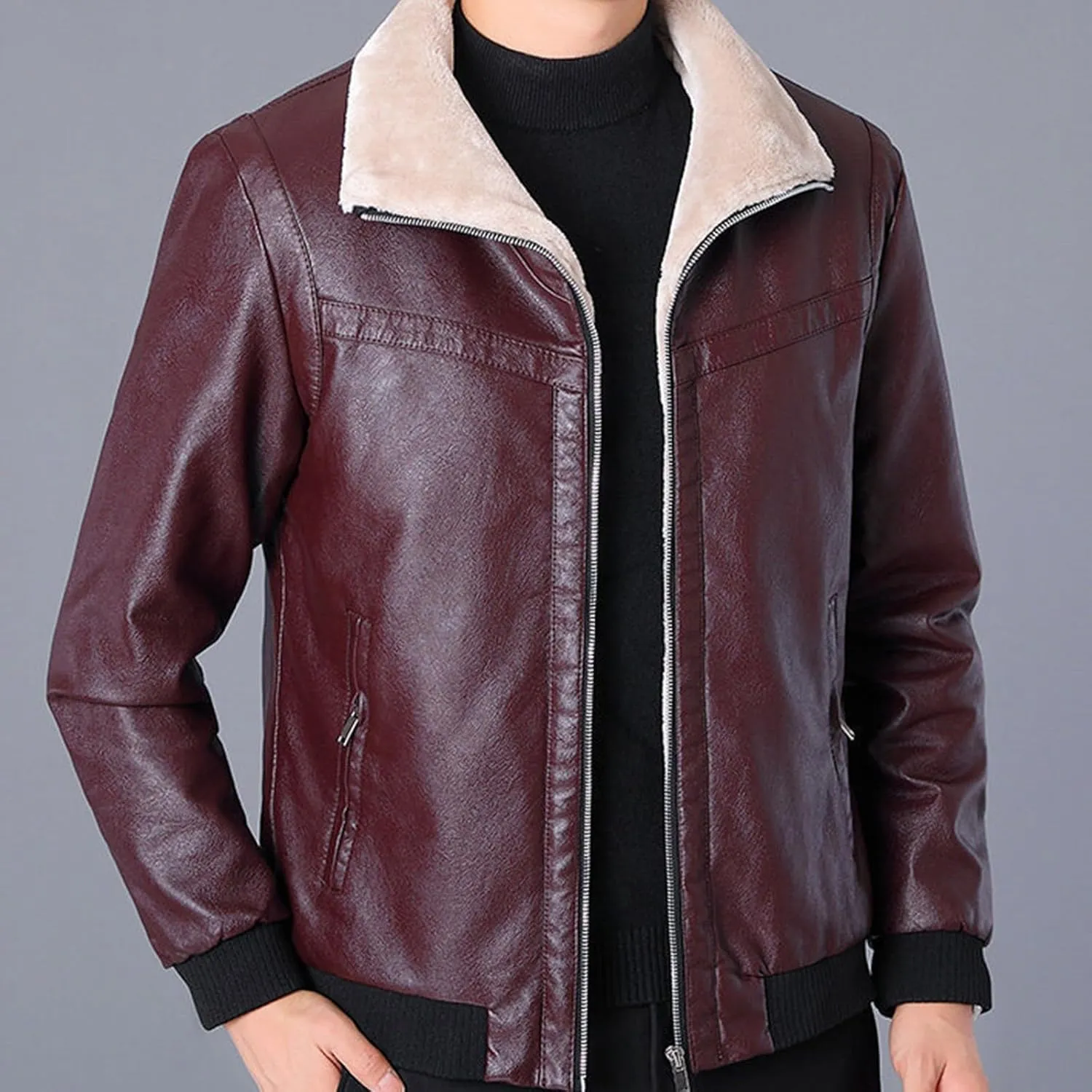 Mens Faux Leather Jackets Sherpa Lined Bomber Jacket Full Zip Winter Coats Windproof Aviator Jacket Vintage Outerwear