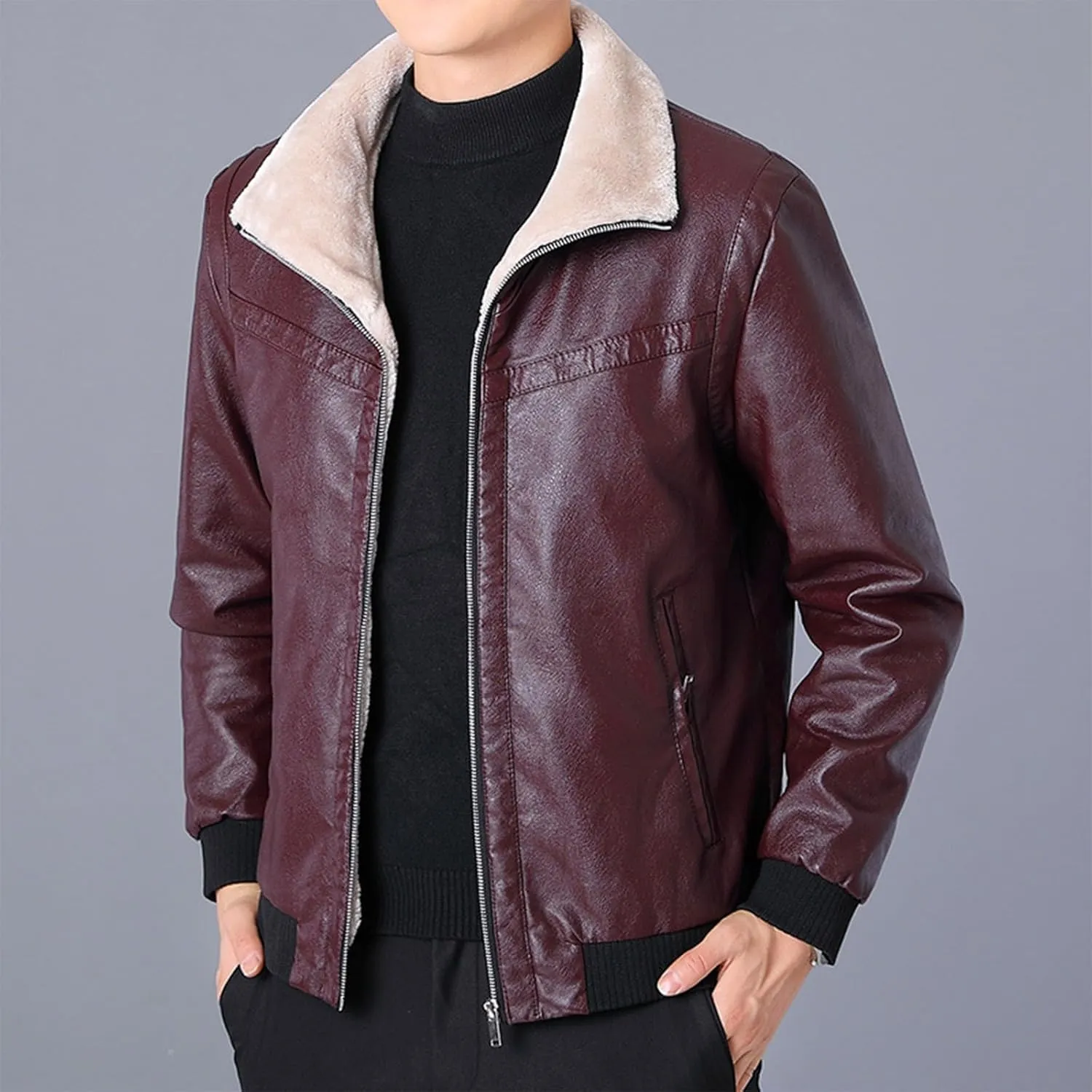 Mens Faux Leather Jackets Sherpa Lined Bomber Jacket Full Zip Winter Coats Windproof Aviator Jacket Vintage Outerwear