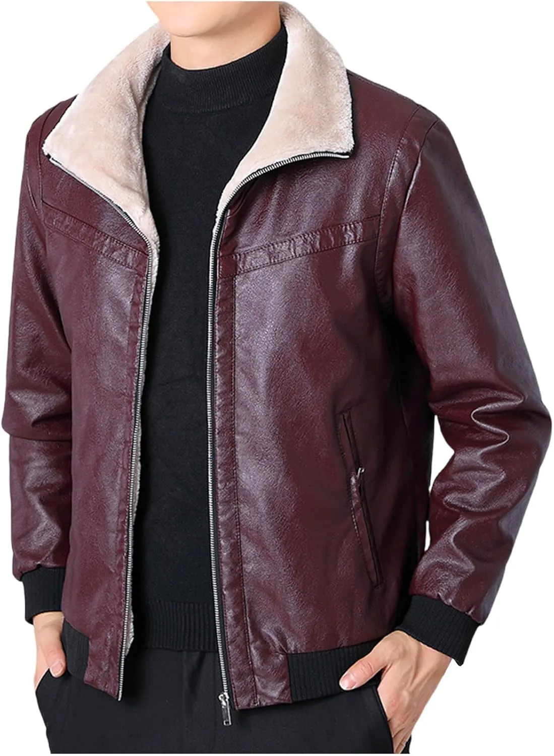 Mens Faux Leather Jackets Sherpa Lined Bomber Jacket Full Zip Winter Coats Windproof Aviator Jacket Vintage Outerwear