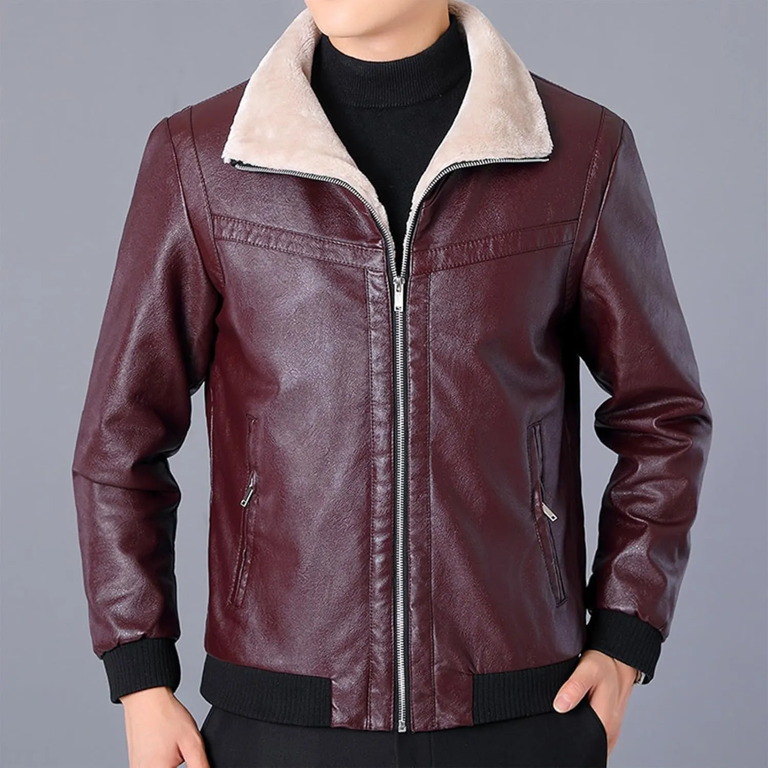 Mens Faux Leather Jackets Sherpa Lined Bomber Jacket Full Zip Winter Coats Windproof Aviator Jacket Vintage Outerwear