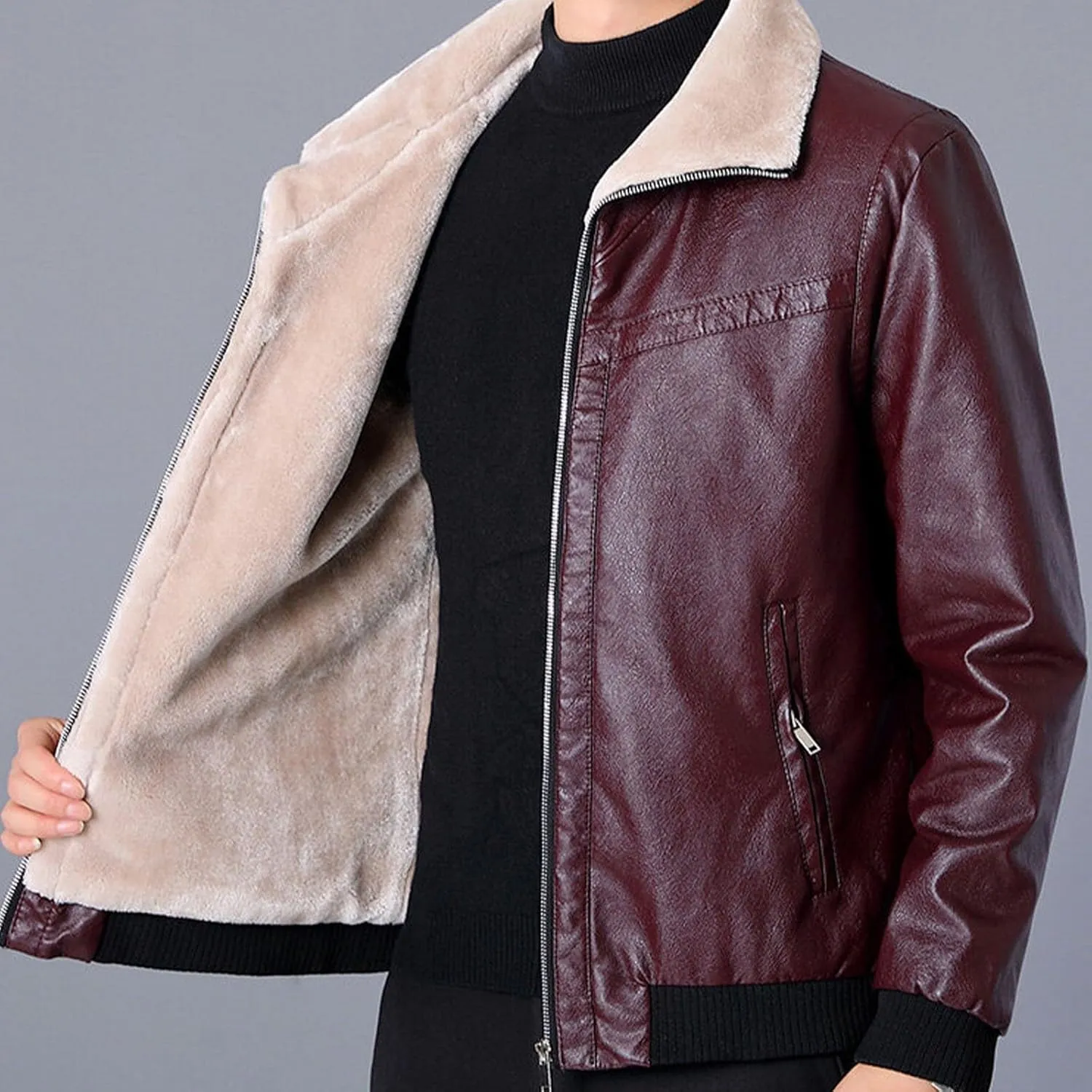 Mens Faux Leather Jackets Sherpa Lined Bomber Jacket Full Zip Winter Coats Windproof Aviator Jacket Vintage Outerwear