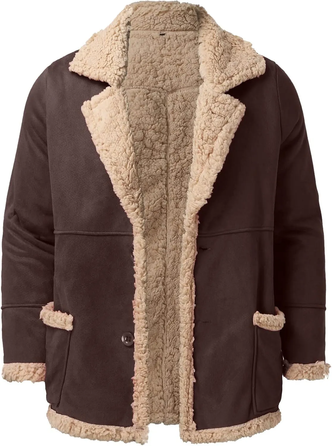 Mens Faux Suede Jackets Sherpa Lined Button Down Bomber Jacket Big and Tall Trucker Jacket Turn Down Collar Warm Coats