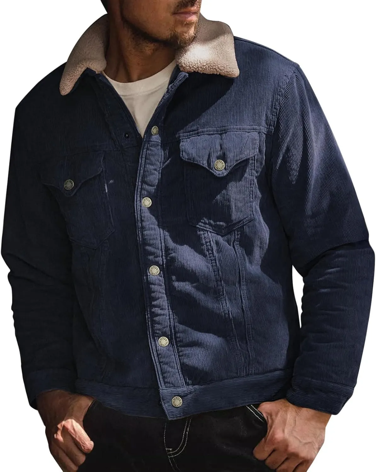 Men's Fleece Corduroy Jackets Snap Button Down Winter Cargo Coats Pockets Retro Warm Lapel Plush Fuzzy Sherpa Jacket