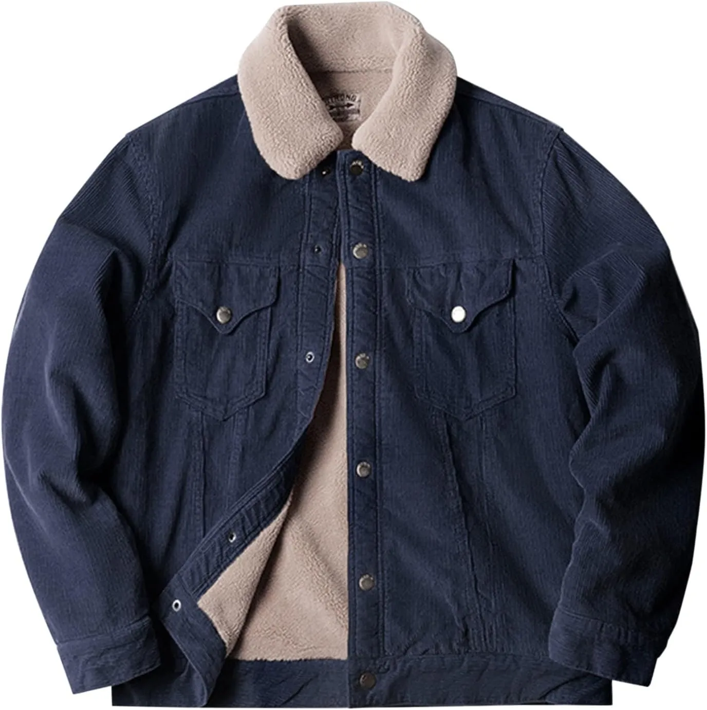 Men's Fleece Corduroy Jackets Snap Button Down Winter Cargo Coats Pockets Retro Warm Lapel Plush Fuzzy Sherpa Jacket