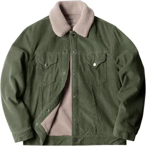Men's Fleece Corduroy Jackets Snap Button Down Winter Cargo Coats Pockets Retro Warm Lapel Plush Fuzzy Sherpa Jacket