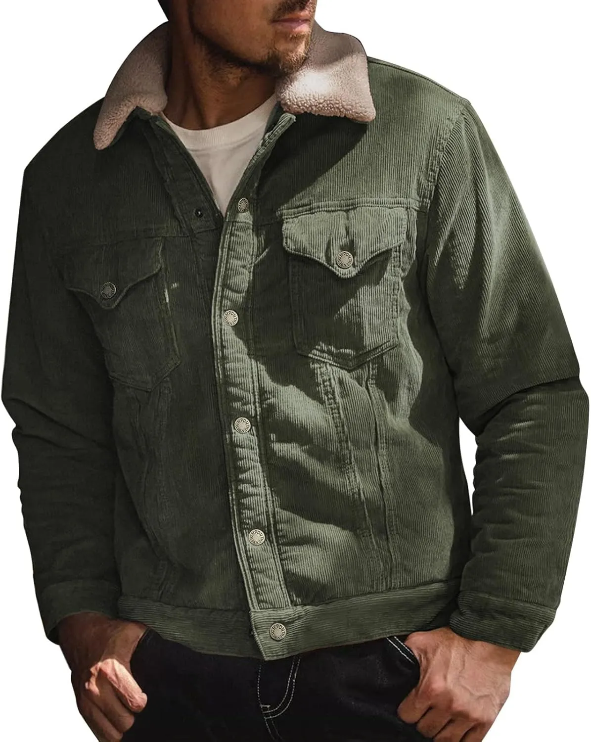 Men's Fleece Corduroy Jackets Snap Button Down Winter Cargo Coats Pockets Retro Warm Lapel Plush Fuzzy Sherpa Jacket