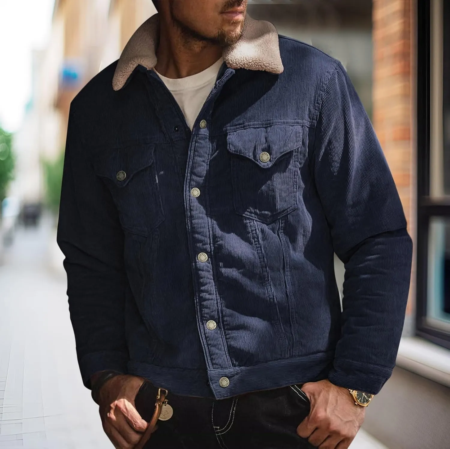 Men's Fleece Corduroy Jackets Snap Button Down Winter Cargo Coats Pockets Retro Warm Lapel Plush Fuzzy Sherpa Jacket