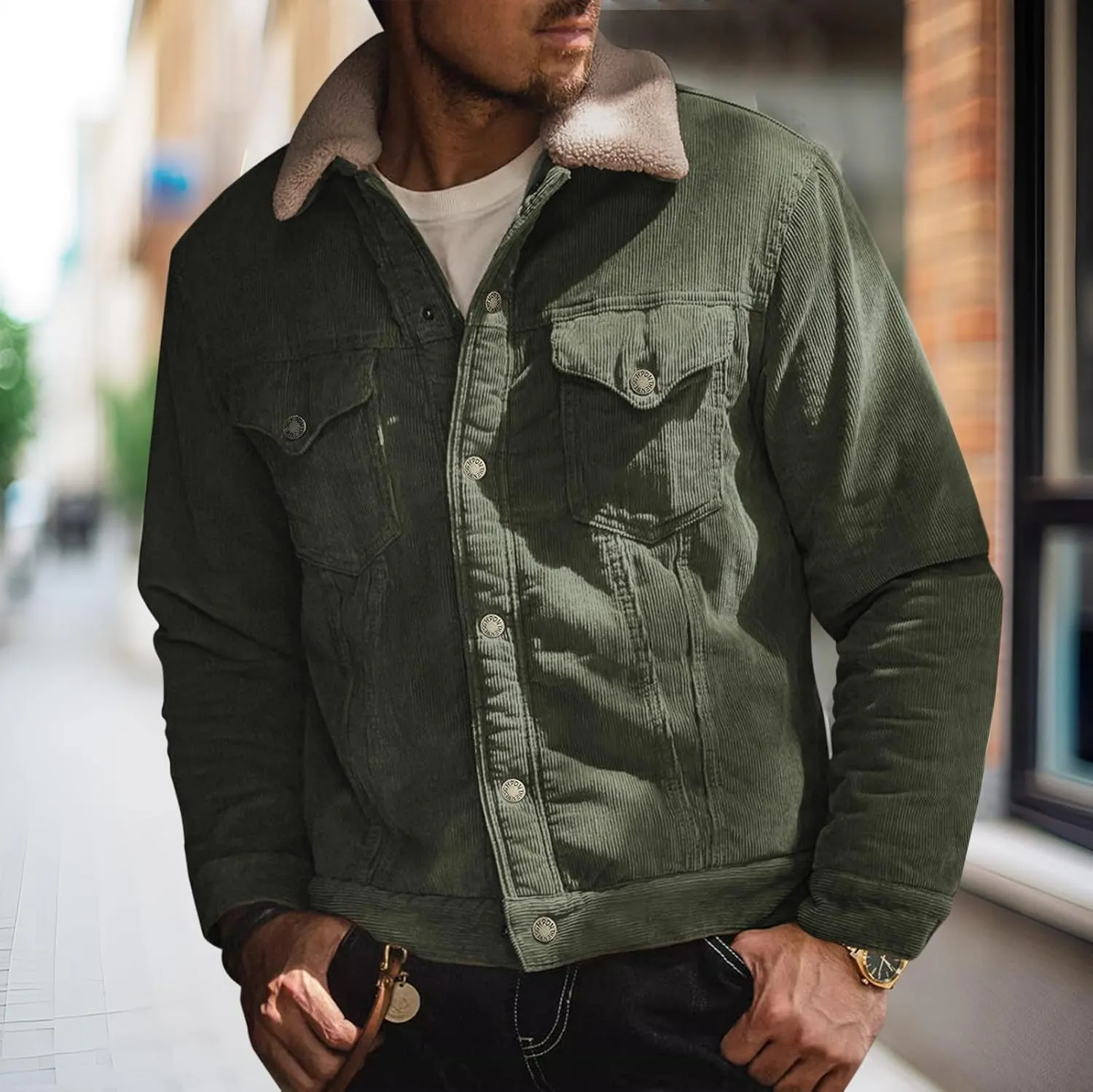 Men's Fleece Corduroy Jackets Snap Button Down Winter Cargo Coats Pockets Retro Warm Lapel Plush Fuzzy Sherpa Jacket