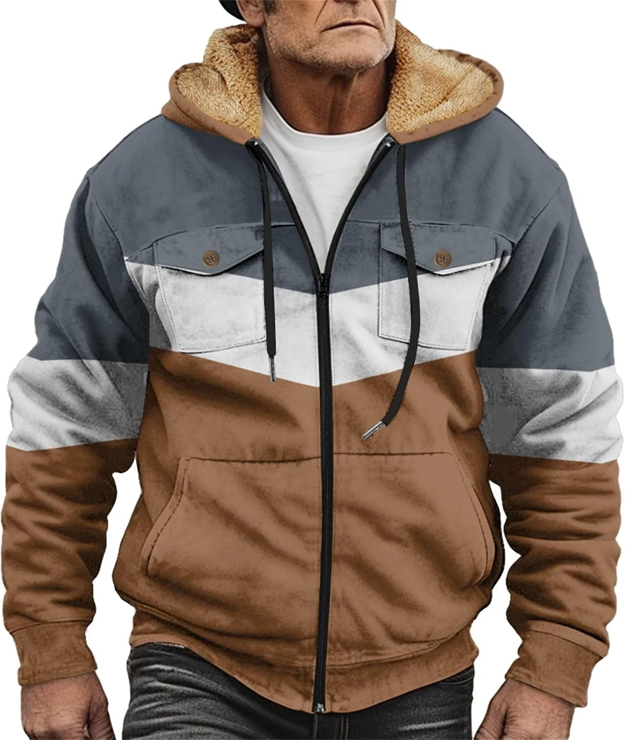 Men's Fleece Sweatshirts Jackets Plush Warm Fuzzy Winter Hoodies Workout Loose Fit Outdoor Thermal Cargo Sherpa Coats