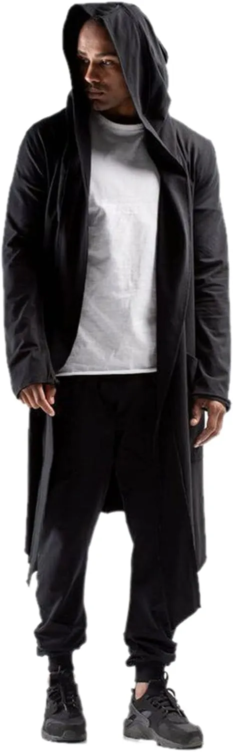 Mens Hooded Cardigans Open Front Asymmetric Hem Coats Loose Shawl Collar Drape Cape Overcoat with Pockets Fall Winter